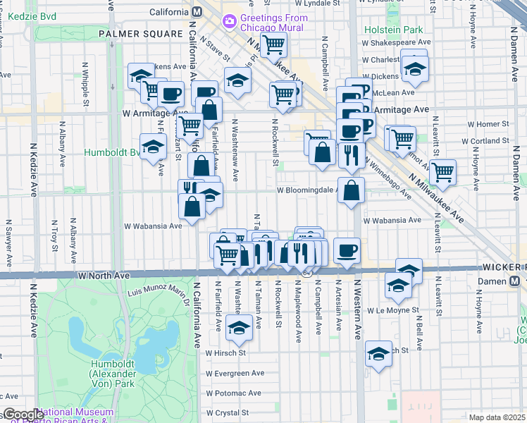 map of restaurants, bars, coffee shops, grocery stores, and more near 1731 North Talman Avenue in Chicago