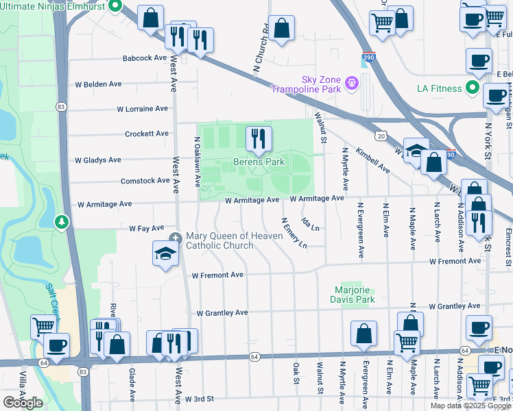 map of restaurants, bars, coffee shops, grocery stores, and more near 474 Oak Street in Elmhurst