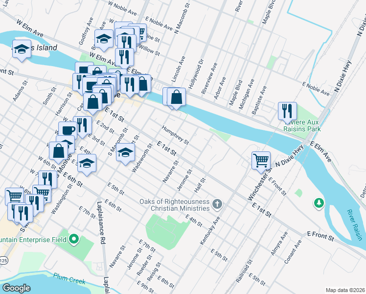 map of restaurants, bars, coffee shops, grocery stores, and more near 68 Navarre Street in Monroe