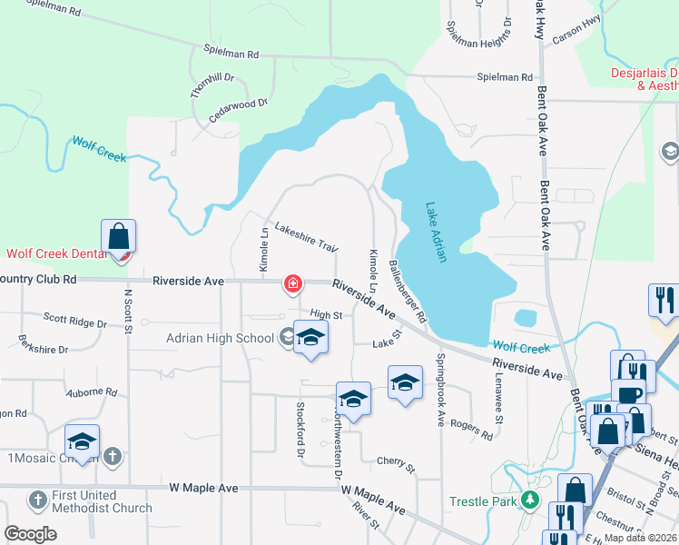 map of restaurants, bars, coffee shops, grocery stores, and more near 701 Lakeshire Trail in Adrian