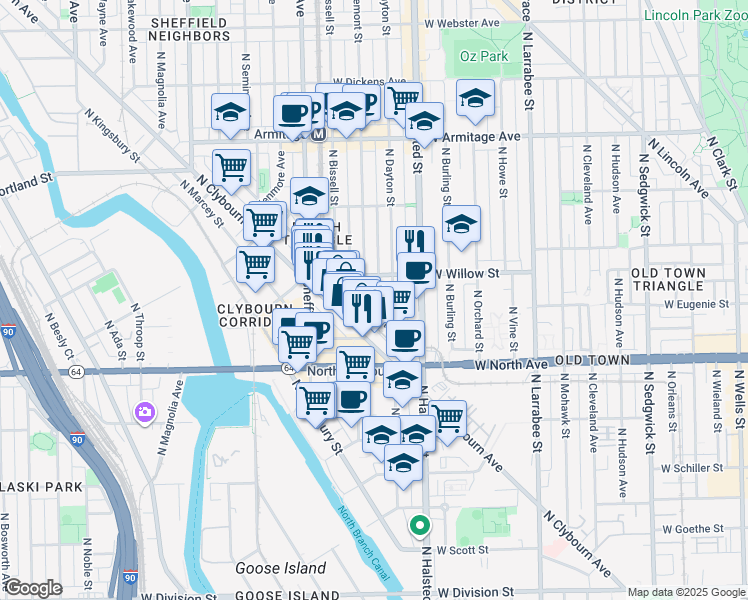 map of restaurants, bars, coffee shops, grocery stores, and more near 1713 North Bissell Street in Chicago