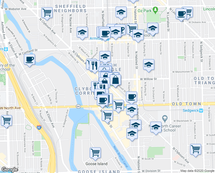 map of restaurants, bars, coffee shops, grocery stores, and more near 1760 North Clybourn Avenue in Chicago