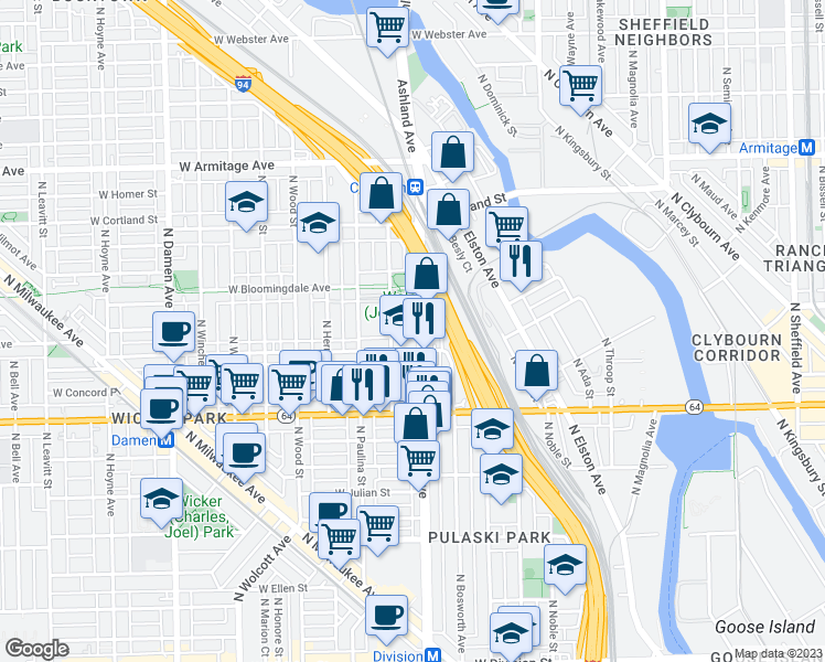 map of restaurants, bars, coffee shops, grocery stores, and more near 1717 North Ashland Avenue in Chicago