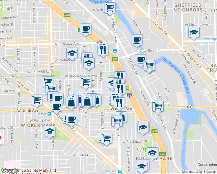 map of restaurants, bars, coffee shops, grocery stores, and more near 1634 West Wabansia Avenue in Chicago