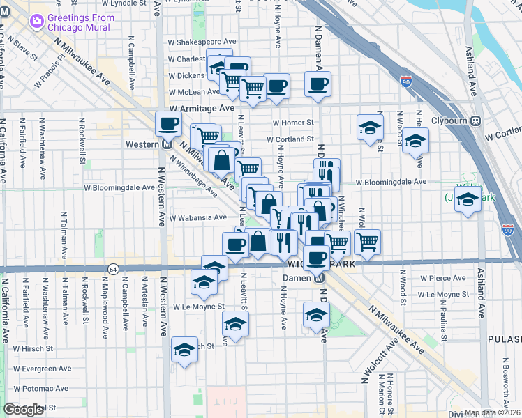 map of restaurants, bars, coffee shops, grocery stores, and more near 1731 North Milwaukee Avenue in Chicago