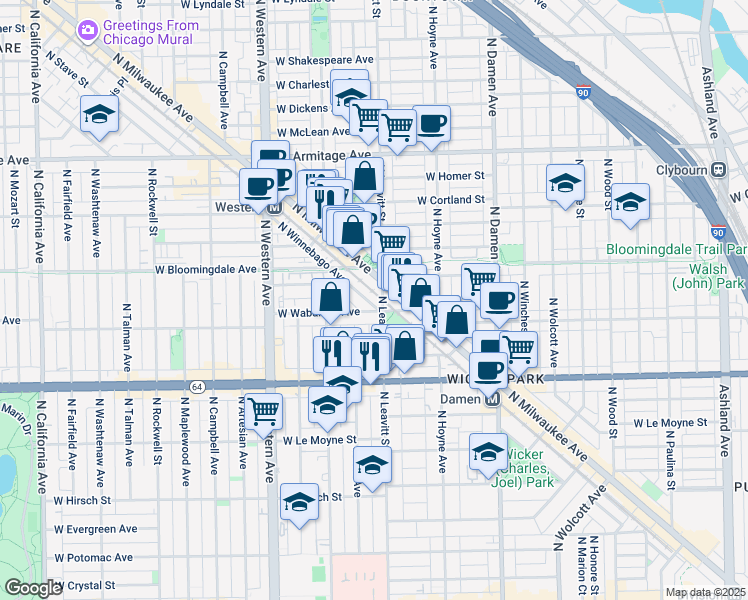 map of restaurants, bars, coffee shops, grocery stores, and more near 1720 North Leavitt Street in Chicago