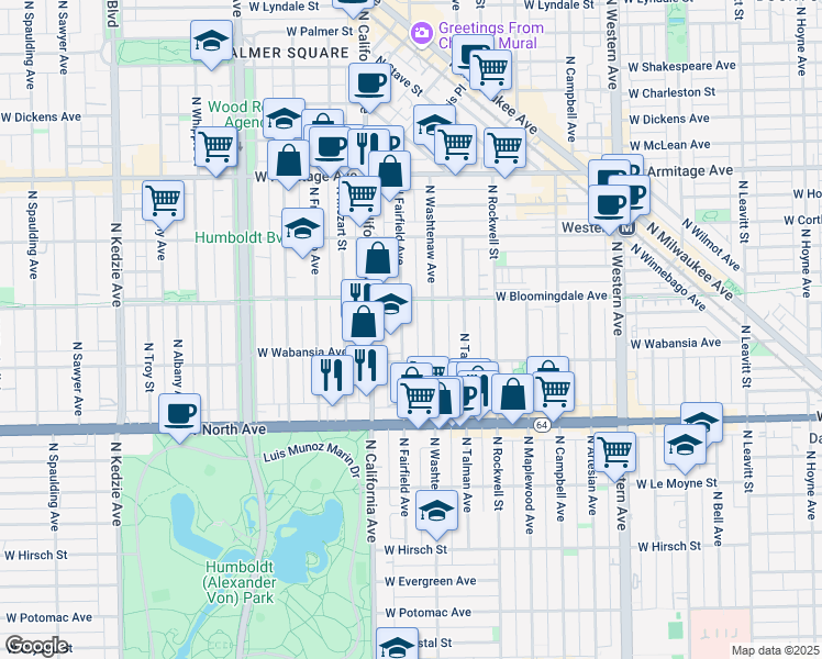map of restaurants, bars, coffee shops, grocery stores, and more near 10 North Fairfield Avenue in Chicago