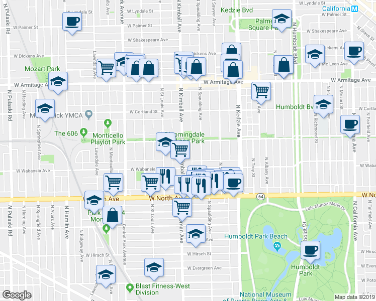 map of restaurants, bars, coffee shops, grocery stores, and more near 1743 North Kimball Avenue in Chicago