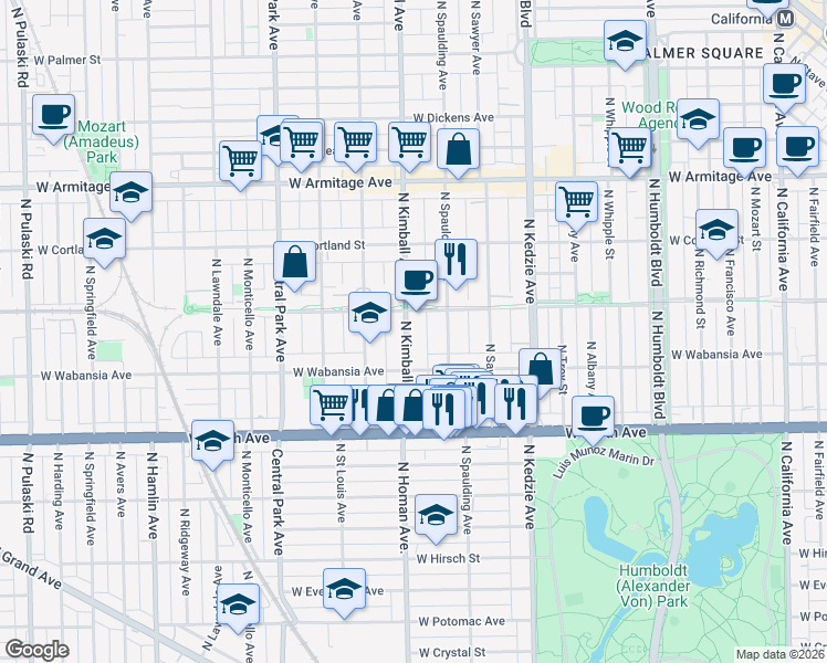 map of restaurants, bars, coffee shops, grocery stores, and more near 1735 North Kimball Avenue in Chicago