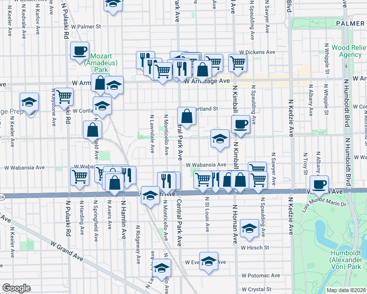 map of restaurants, bars, coffee shops, grocery stores, and more near 1738 North Central Park Avenue in Chicago