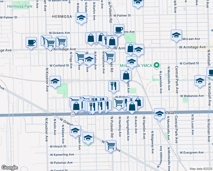 map of restaurants, bars, coffee shops, grocery stores, and more near 1739 North Keystone Avenue in Chicago