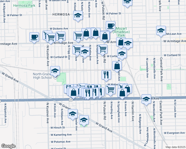map of restaurants, bars, coffee shops, grocery stores, and more near 1740 North Karlov Avenue in Chicago