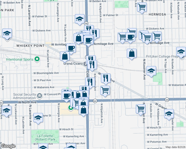 map of restaurants, bars, coffee shops, grocery stores, and more near 1753 North Cicero Avenue in Chicago
