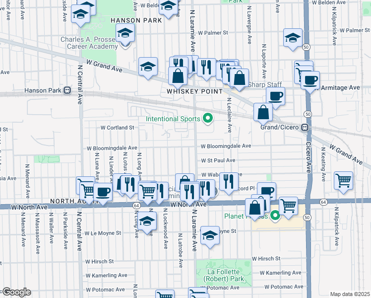 map of restaurants, bars, coffee shops, grocery stores, and more near 1758 North Laramie Avenue in Chicago