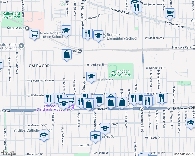 map of restaurants, bars, coffee shops, grocery stores, and more near 6304 West Bloomingdale Avenue in Chicago