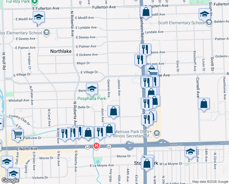 map of restaurants, bars, coffee shops, grocery stores, and more near 2040 Janice Avenue in Melrose Park