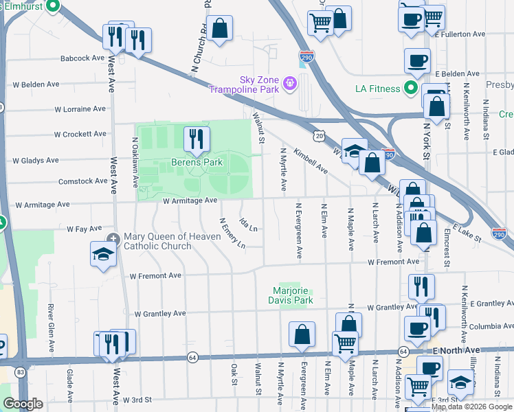map of restaurants, bars, coffee shops, grocery stores, and more near 467 Ida Lane in Elmhurst