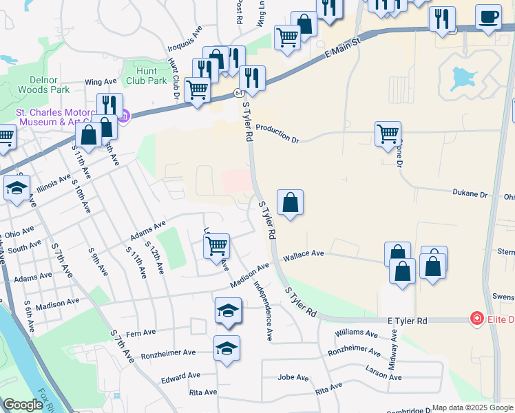 map of restaurants, bars, coffee shops, grocery stores, and more near 855 Munhall Avenue in St. Charles