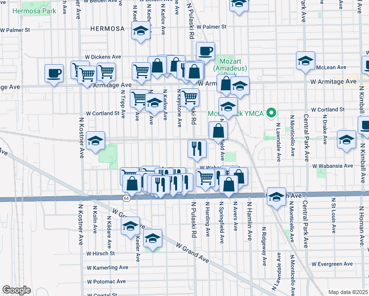 map of restaurants, bars, coffee shops, grocery stores, and more near 1739 North Keystone Avenue in Chicago