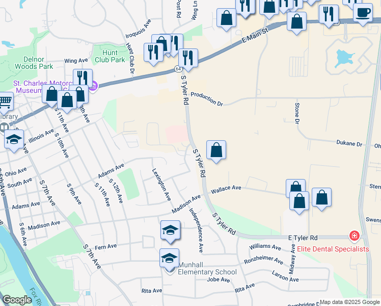 map of restaurants, bars, coffee shops, grocery stores, and more near 855 Munhall Avenue in St. Charles