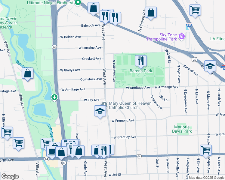 map of restaurants, bars, coffee shops, grocery stores, and more near 474 Highview Avenue in Elmhurst