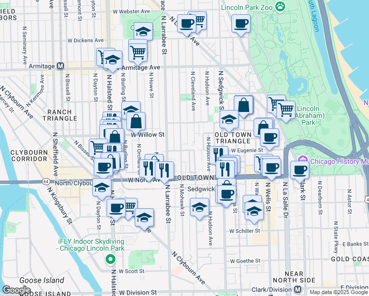 map of restaurants, bars, coffee shops, grocery stores, and more near 518 West Eugenie Street in Chicago