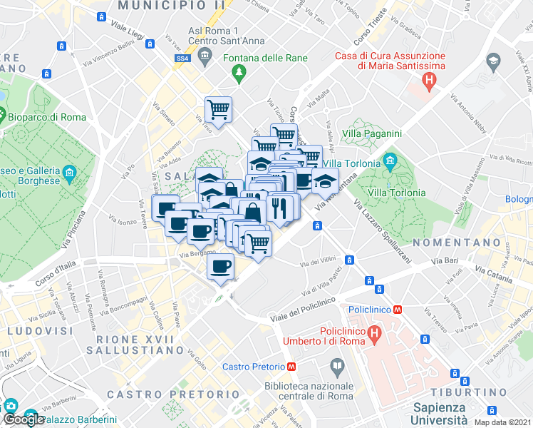 map of restaurants, bars, coffee shops, grocery stores, and more near 34 Via Cagliari in Roma