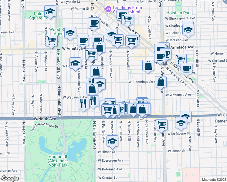 map of restaurants, bars, coffee shops, grocery stores, and more near 1731 North Washtenaw Avenue in Chicago