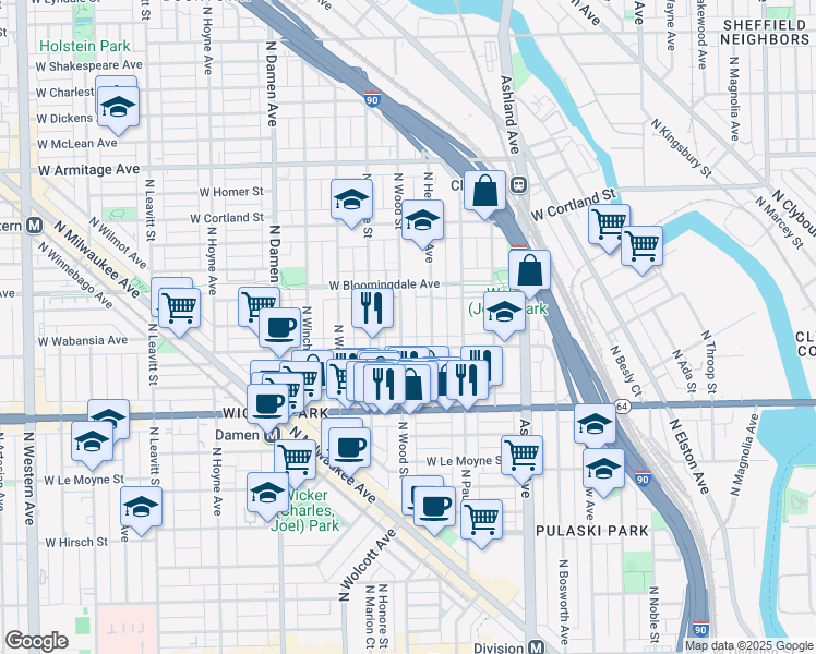 map of restaurants, bars, coffee shops, grocery stores, and more near 1719 North Wood Street in Chicago