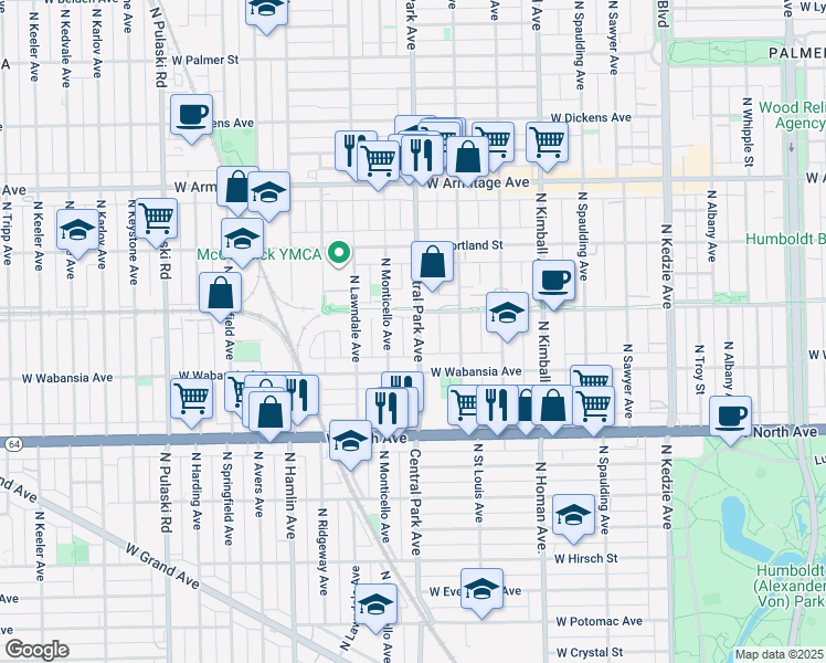 map of restaurants, bars, coffee shops, grocery stores, and more near 1738 North Central Park Avenue in Chicago