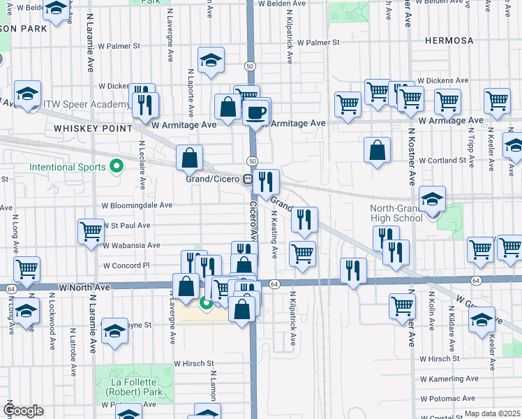 map of restaurants, bars, coffee shops, grocery stores, and more near 1753 North Cicero Avenue in Chicago