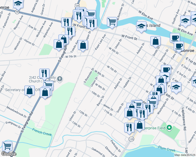 map of restaurants, bars, coffee shops, grocery stores, and more near 821 Union Street in Monroe