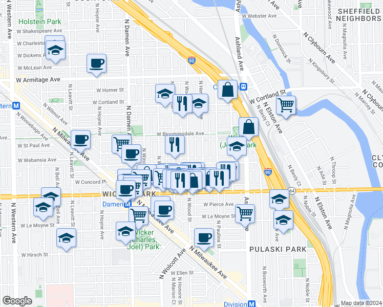 map of restaurants, bars, coffee shops, grocery stores, and more near 1719 North Wood Street in Chicago