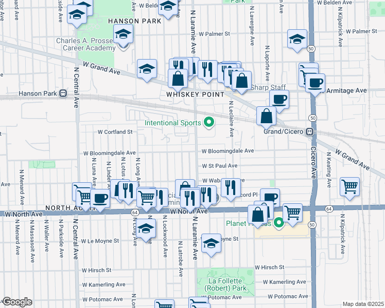 map of restaurants, bars, coffee shops, grocery stores, and more near 1758 North Laramie Avenue in Chicago