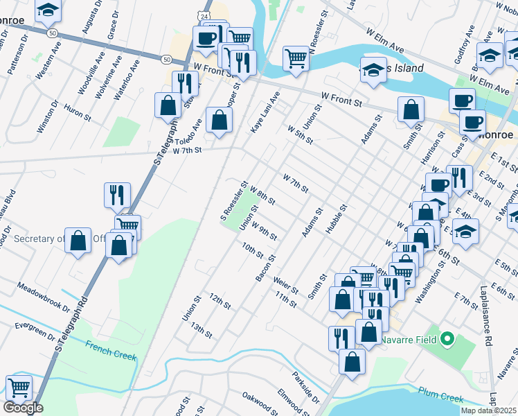 map of restaurants, bars, coffee shops, grocery stores, and more near 821 Union Street in Monroe