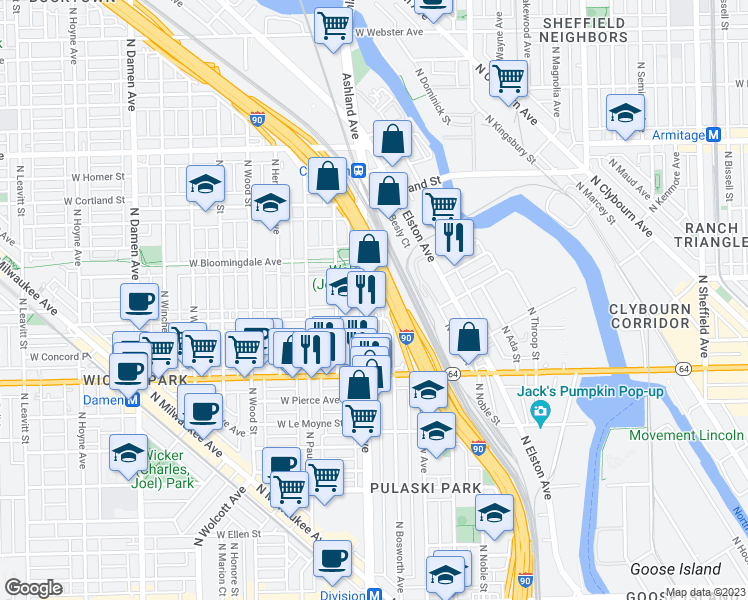 map of restaurants, bars, coffee shops, grocery stores, and more near 1717 North Ashland Avenue in Chicago