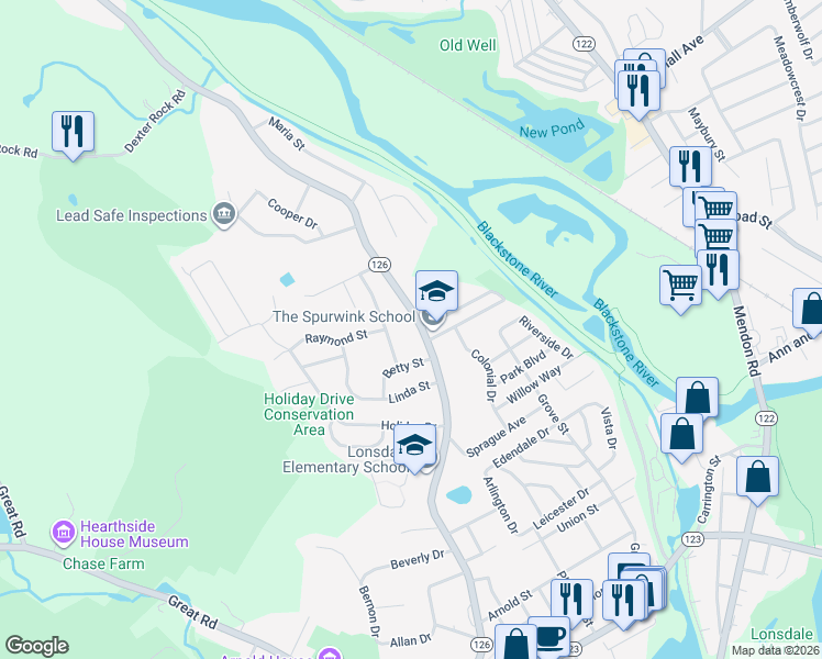 map of restaurants, bars, coffee shops, grocery stores, and more near 378 River Rd in Lincoln