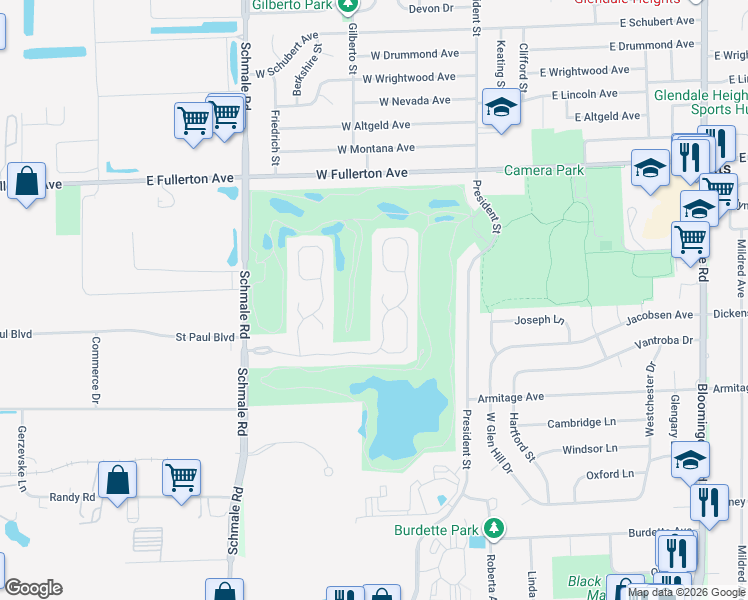 map of restaurants, bars, coffee shops, grocery stores, and more near 1450 Golfview Drive in Glendale Heights