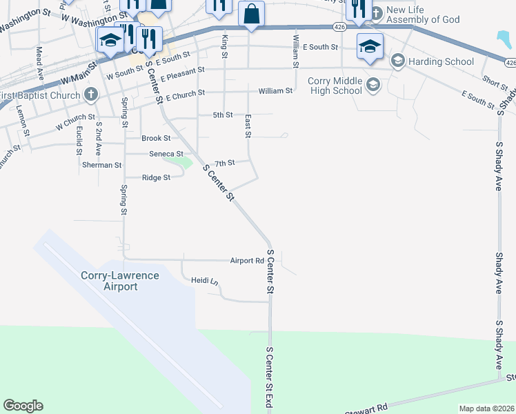 map of restaurants, bars, coffee shops, grocery stores, and more near 740 S Center St in Corry