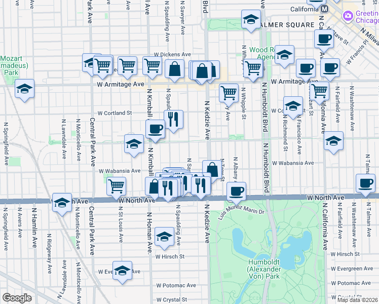 map of restaurants, bars, coffee shops, grocery stores, and more near 1735 North Sawyer Avenue in Chicago