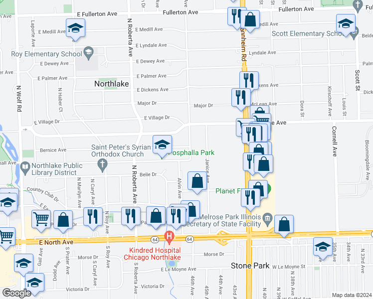 map of restaurants, bars, coffee shops, grocery stores, and more near 312 Geneva Avenue in Northlake
