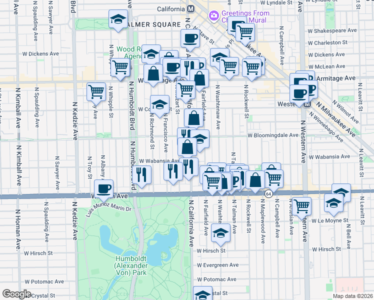 map of restaurants, bars, coffee shops, grocery stores, and more near 1732 North California Avenue in Chicago