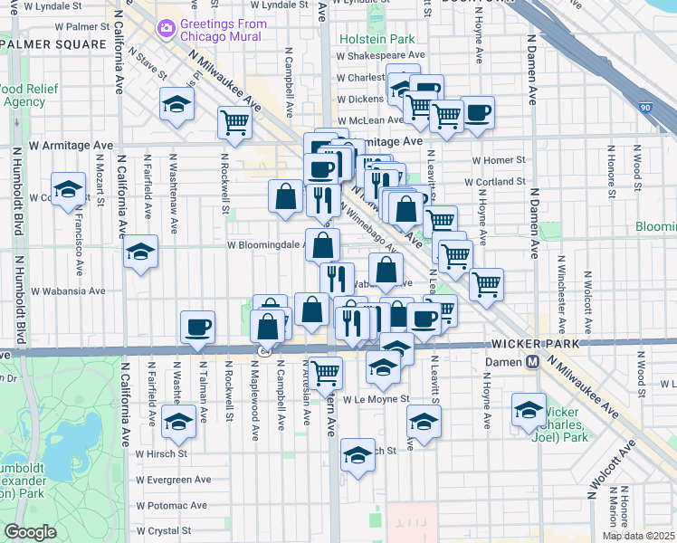 map of restaurants, bars, coffee shops, grocery stores, and more near 1727 North Western Avenue in Chicago