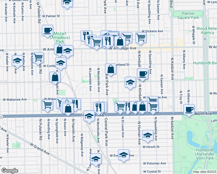 map of restaurants, bars, coffee shops, grocery stores, and more near 1738 North Central Park Avenue in Chicago