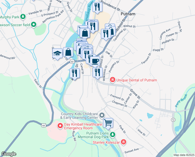 map of restaurants, bars, coffee shops, grocery stores, and more near 2 Grove Street in Putnam