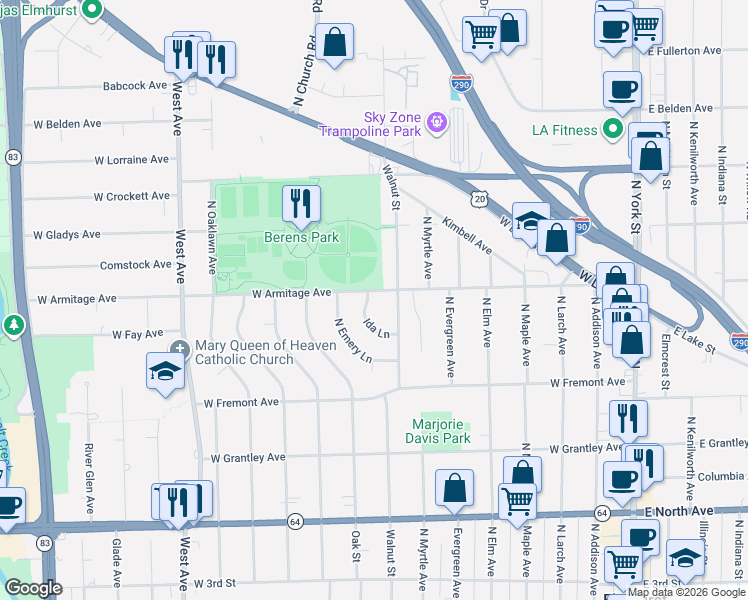 map of restaurants, bars, coffee shops, grocery stores, and more near 467 Ida Lane in Elmhurst
