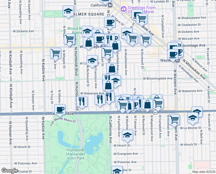 map of restaurants, bars, coffee shops, grocery stores, and more near 1732 North California Avenue in Chicago