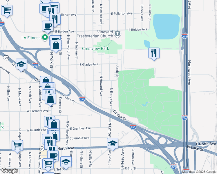 map of restaurants, bars, coffee shops, grocery stores, and more near 512 North Emroy Avenue in Elmhurst