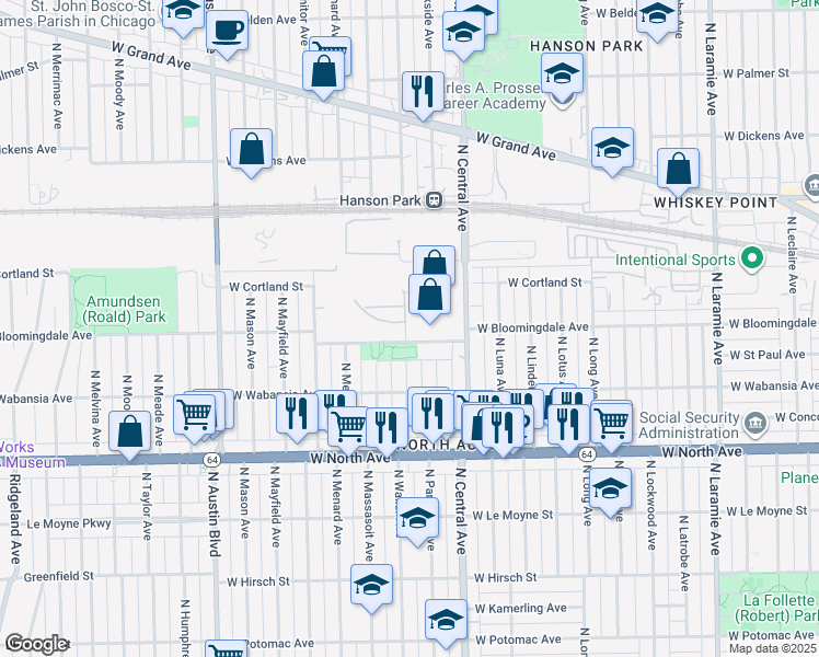 map of restaurants, bars, coffee shops, grocery stores, and more near 5630-5662 West Bloomingdale Avenue in Chicago