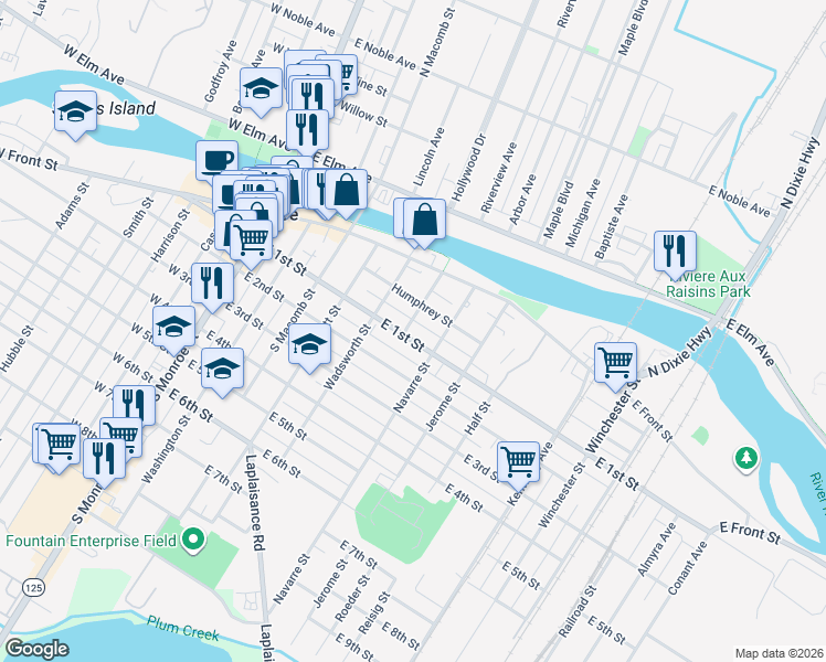 map of restaurants, bars, coffee shops, grocery stores, and more near 501 East 1st Street in Monroe